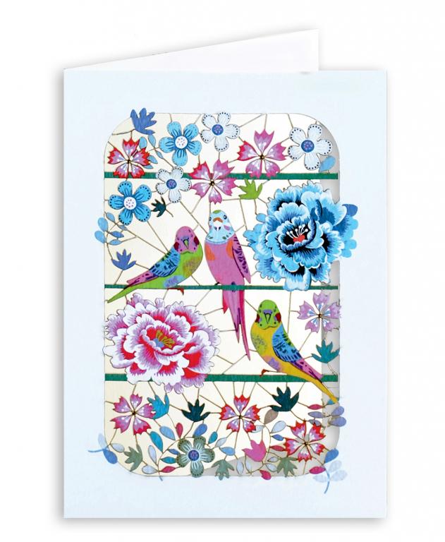 Forever Cards Laser-Cut Card - Budgies & Flowers