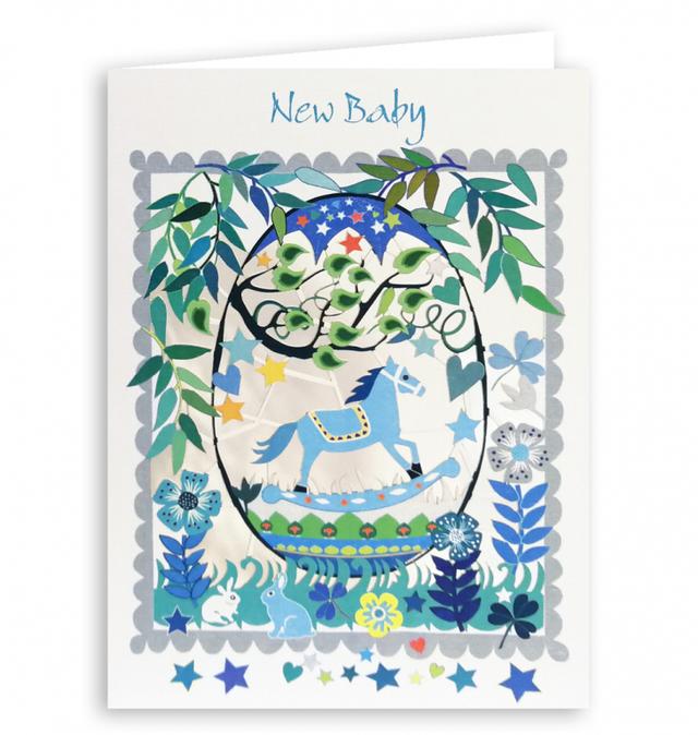 Forever Cards Laser-Cut Card - Blue Rocking Horse In An Egg (New Baby)